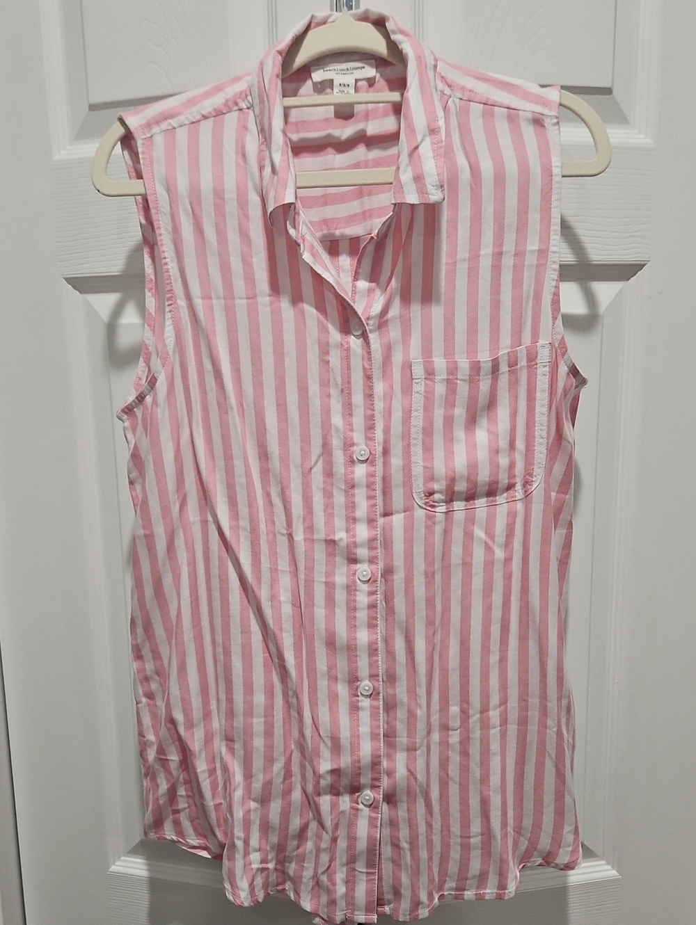 beachlunchlounge Pink and White Striped Sleeveless Button-Down Top